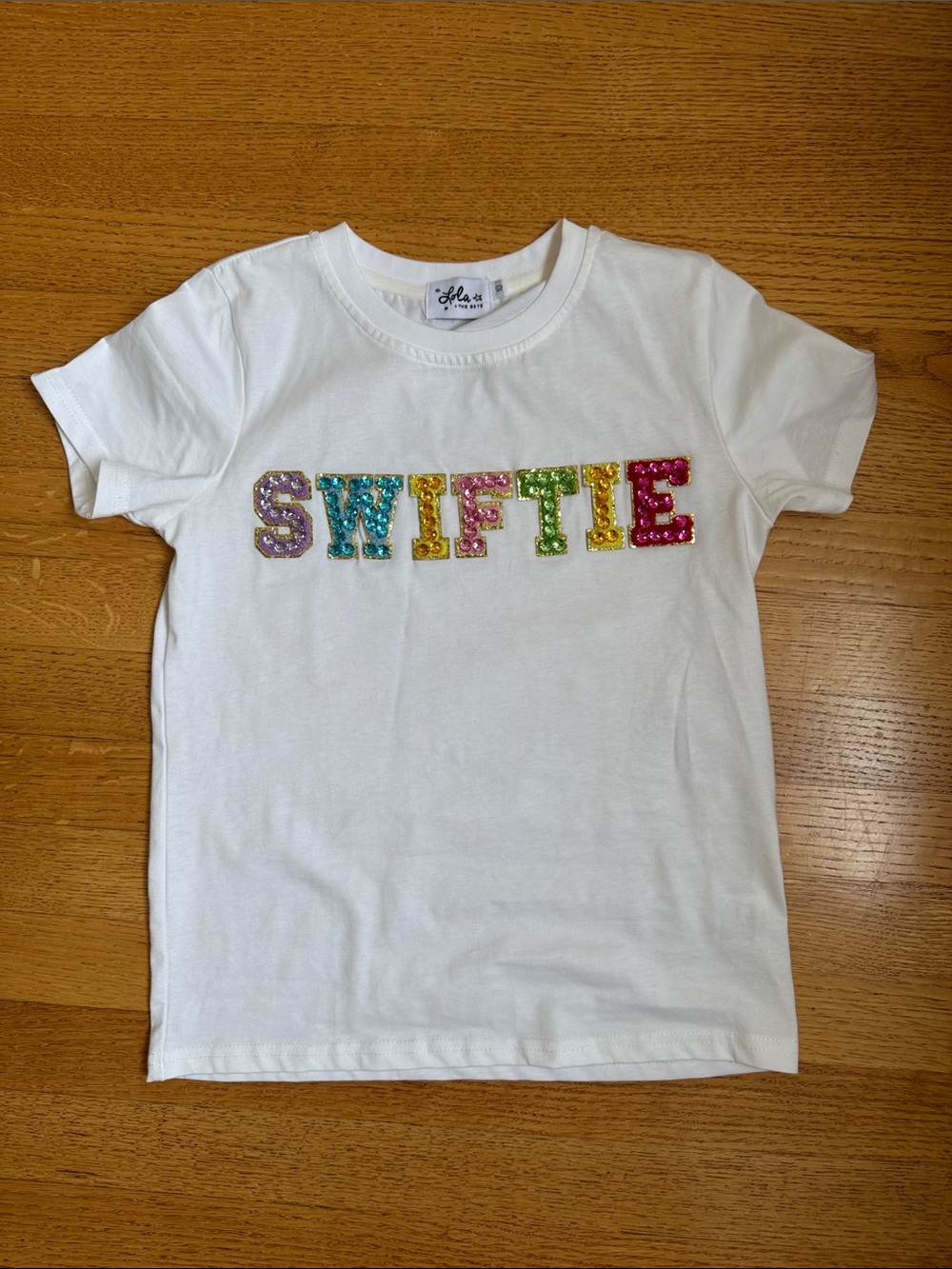 Lola + The Boys White Tee with Multicolor Sequin 'SWIFTIE' Letters